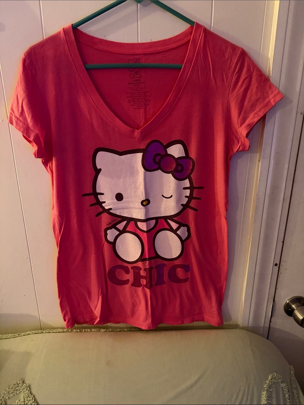 Hello Kitty Coral Pink V-Neck Tee with Graphic Bow
